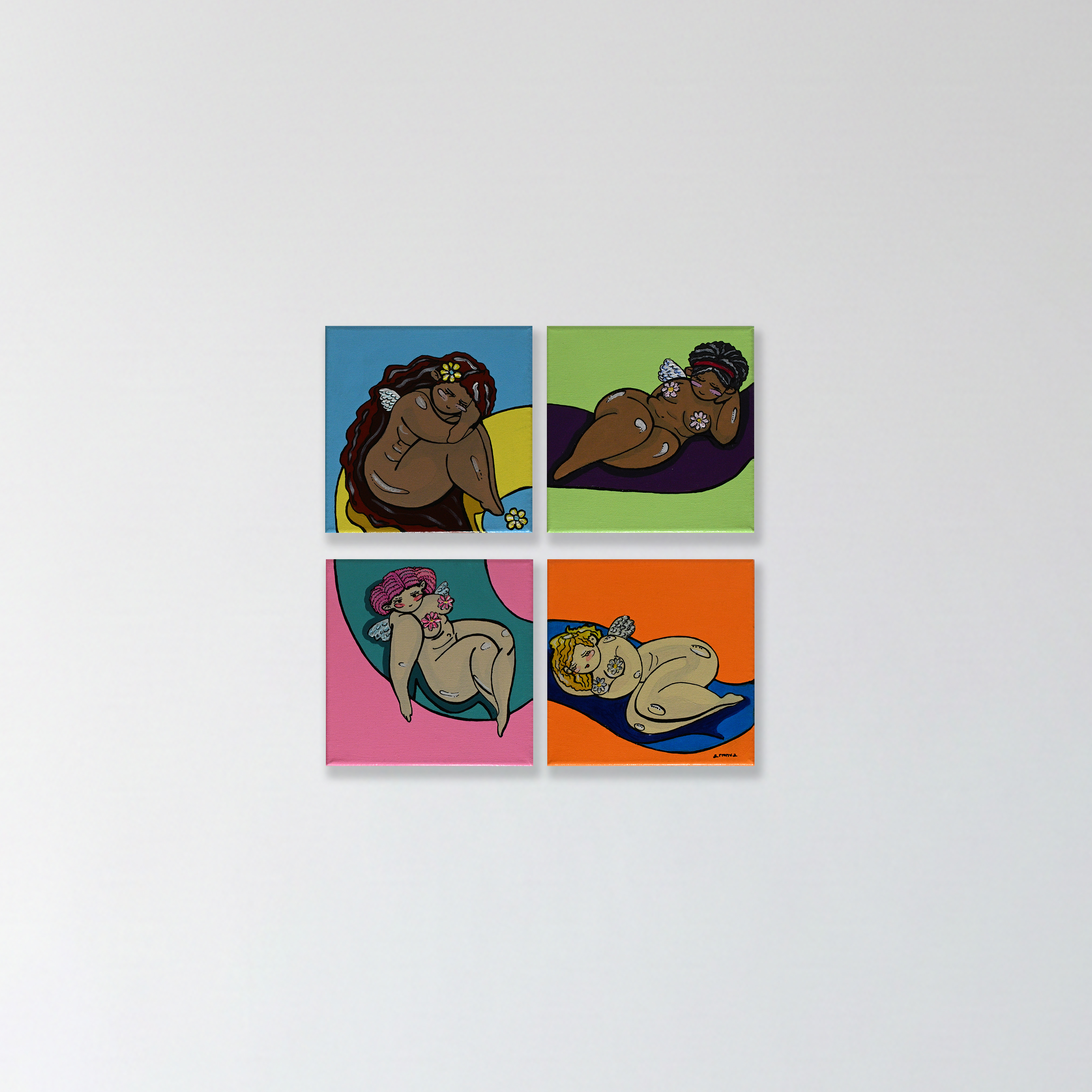 At Rest (series of 4) — Mixed media on canvas, 20 × 20 cm each, 2025. Artwork by A.RMNV.A