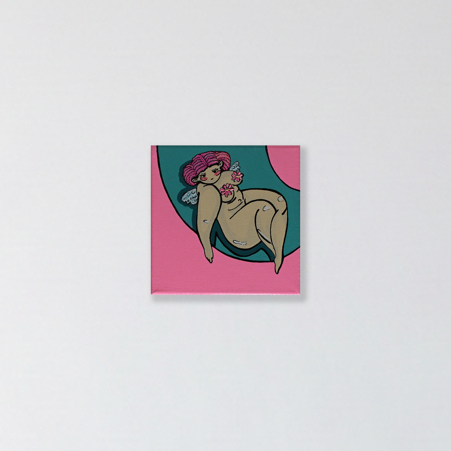 Resting in Pink — Mixed media on canvas, 20 × 20 cm, 2025. Artwork by A.RMNV.A